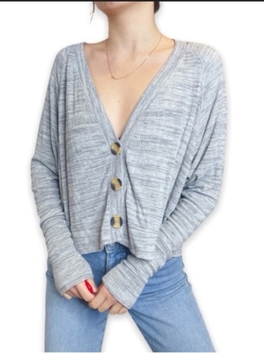 Free People We The Free Gray Ribbed Knit Cropped Cardigan Sweater Size M